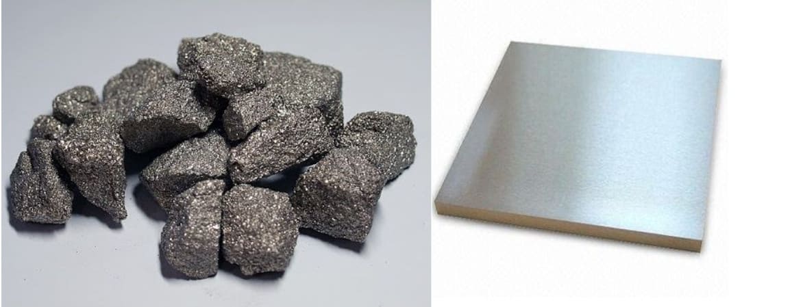티타늄 광석(왼쪽)과 제련된 티타늄(오른쪽).