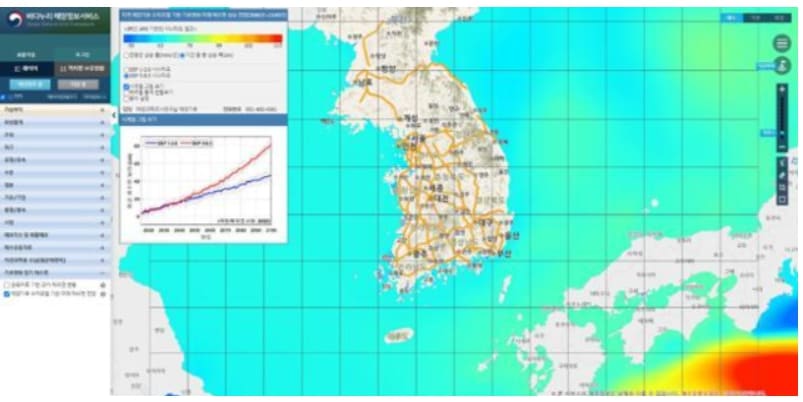 고탄소 시나리오를 적용한 한국 주변 해역 해수면 전망. / ‘바다누리 해양정보서비스’ 사이트 화면 캡처